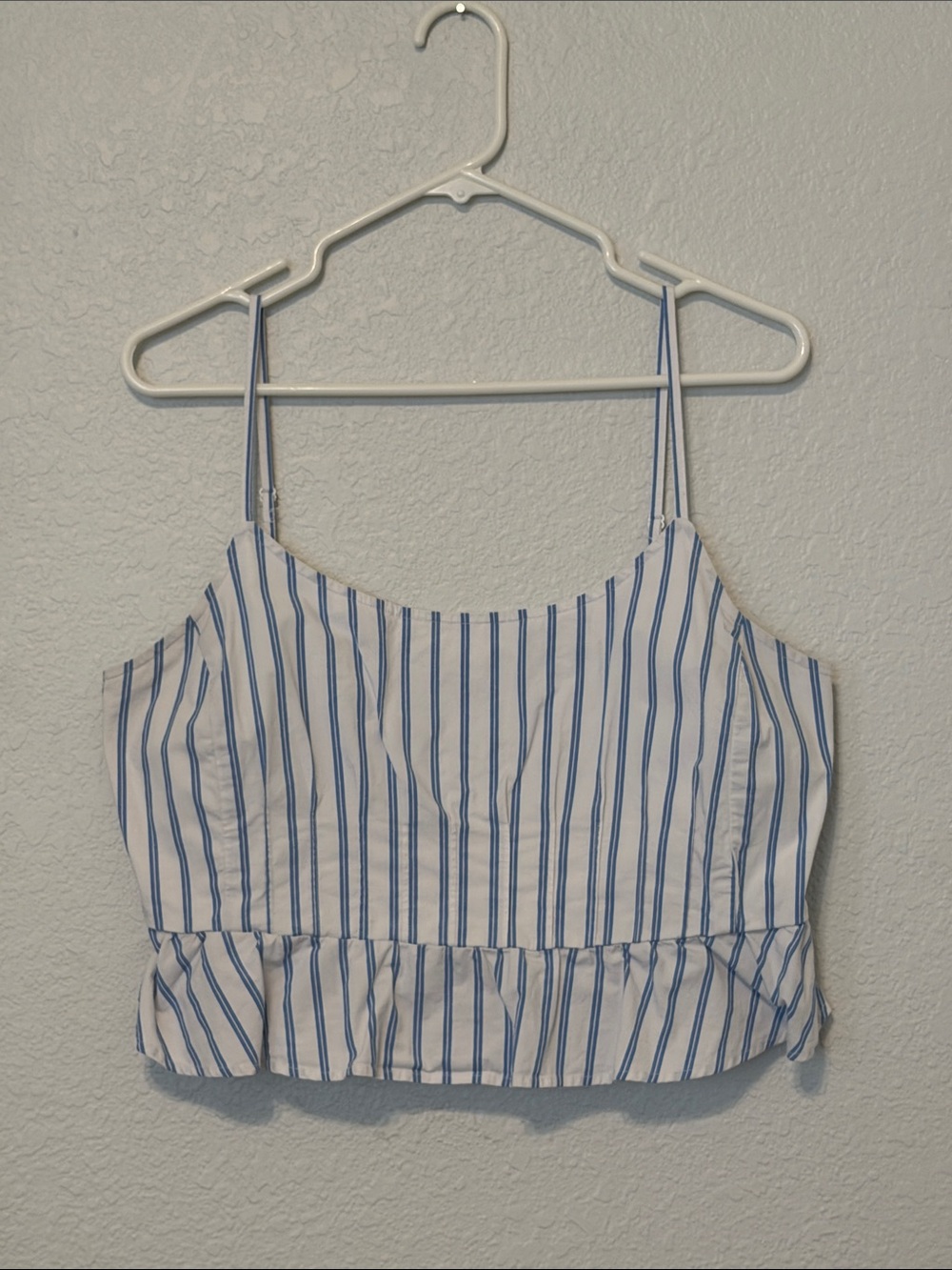 American Eagle Outfitters White Tank with Blue Stripes and Ruffle Hem